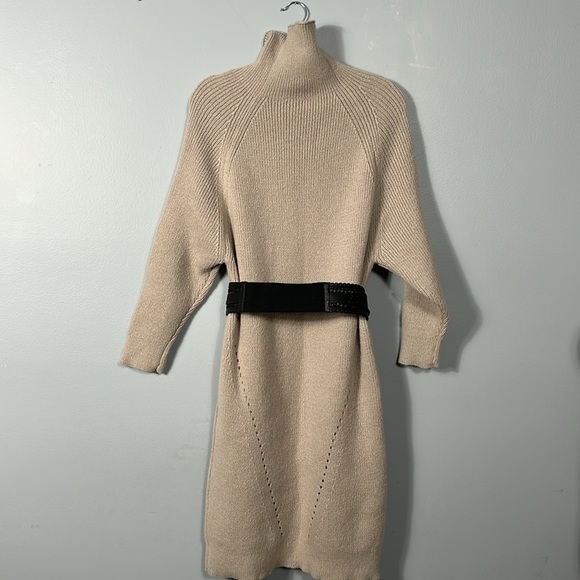 Tan Color Mock Neck Drop Shoulder Sweater Knit Dress sz M- L - Picture 11 of 17